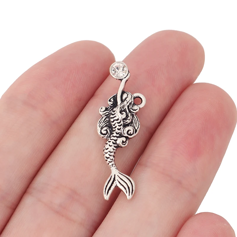 20 x Tibetan Silver Rhinestone Mermaid Charms Pendant Beads For Necklace Jewelry Making Findings 32x10mm