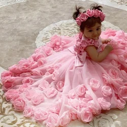 Hot Pink Flower Girls Dresses O Neck A Line Girl Pageant Gowns Hand Made Flowers Floor Length Birthday Party Dress