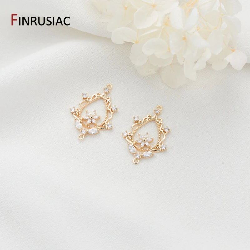 14k Gold Plating Metal Pave Setting Zircon Flower Connectors Charms For Earrings Making, Jewellery Making Luxury Components