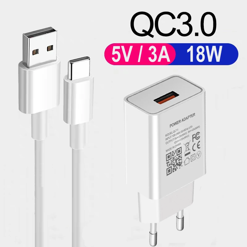 Fast Charging Adaptive 18W Phone Charger For Samsung Galaxy A21S A31 A41 A51 A71 A01 A11 Xiaomi OPPO Type-c USB Charging Cable