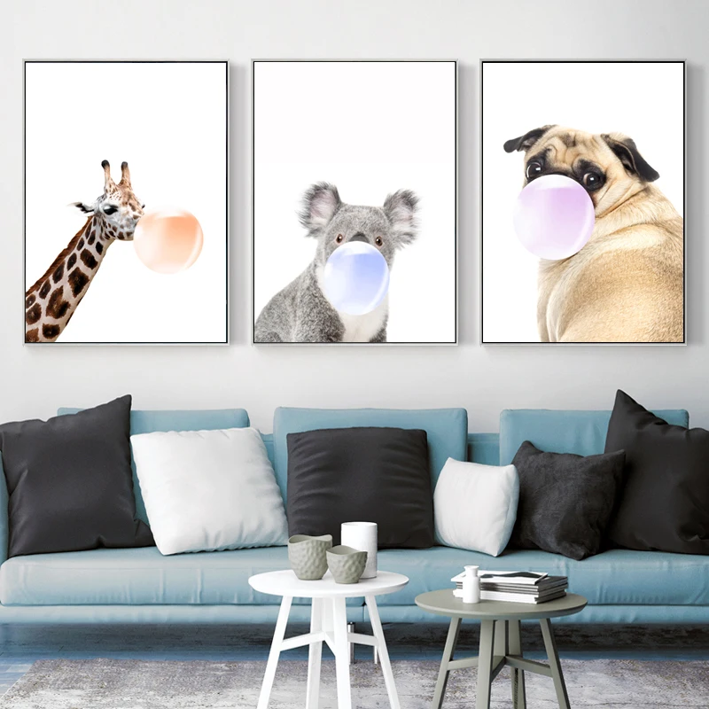 Giraffe Art Dog Bubble Gum Wall Art Picture Print Forest Animal Painting Nordic Kid Bedroom Decor Canvas Child Poster Nursery