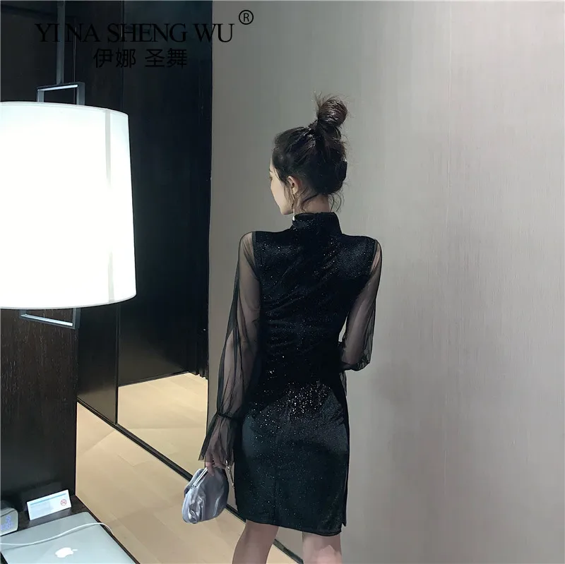 Chinese Style Cheongsam Improved New Self-cultivation Split Stitching Mesh Sleeves Glittering Velvet Fabric Dress Women's Skirt