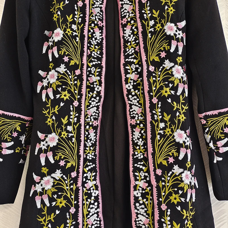 AELESEEN High Quality Vintage Windbreaker 2022 Autumn Winter Coat Full Sleeve Heavy Flower Embroidery Black Long Trench