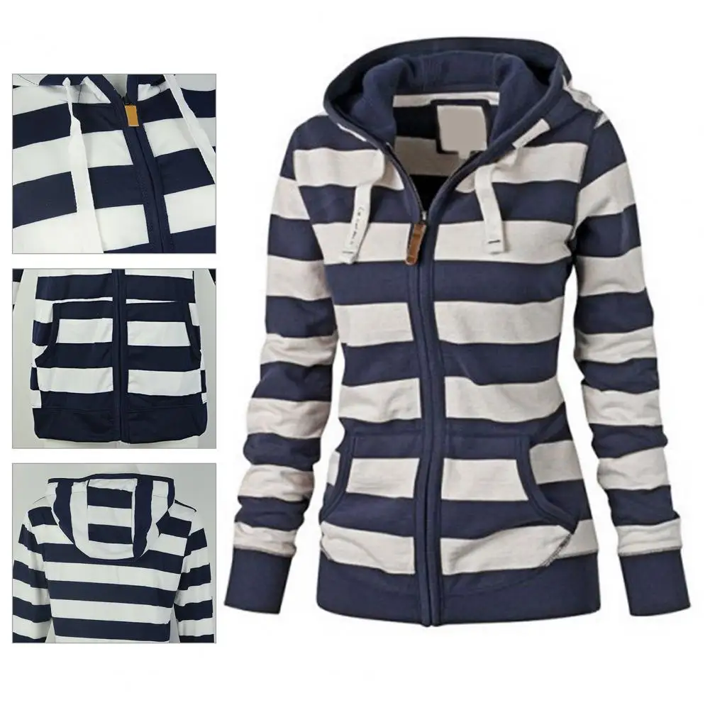 Women Sweatshirt Striped Hooded Autumn Winter Drawstring Pockets Long Sleeve Zipper Tops Hoodie for Sports