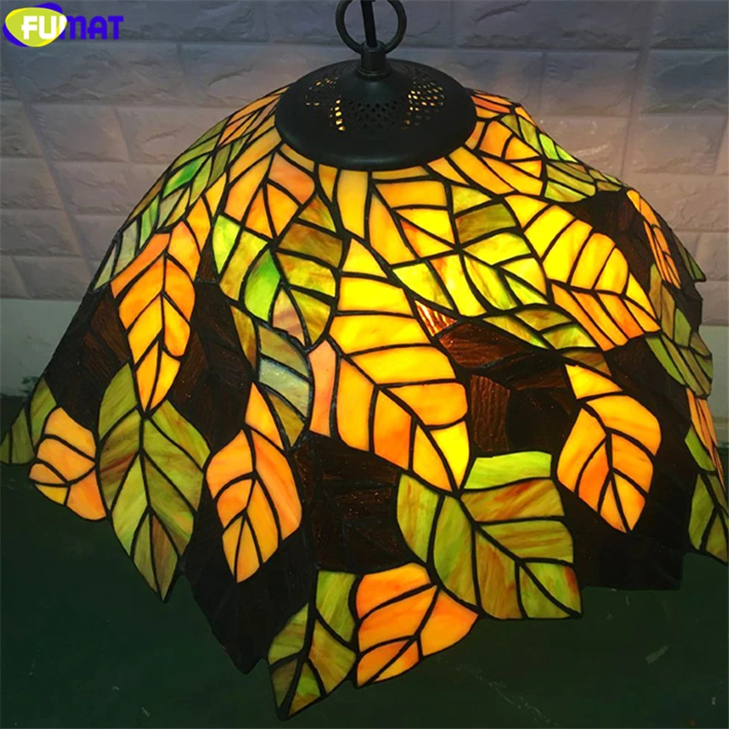 FUMAT Tiffany Style Pendant Lamp Fallen Leaves Stained Glass Hanging Light Fixture Classical Nordic Lighting Decoration Home Art