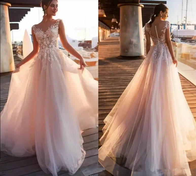 Vestidos de novia acampanados, manga corta, cuello transparente, ilusión, botón en la espalda, Apliques de encaje, vestidos de novia, vestido de boda de playa 2020