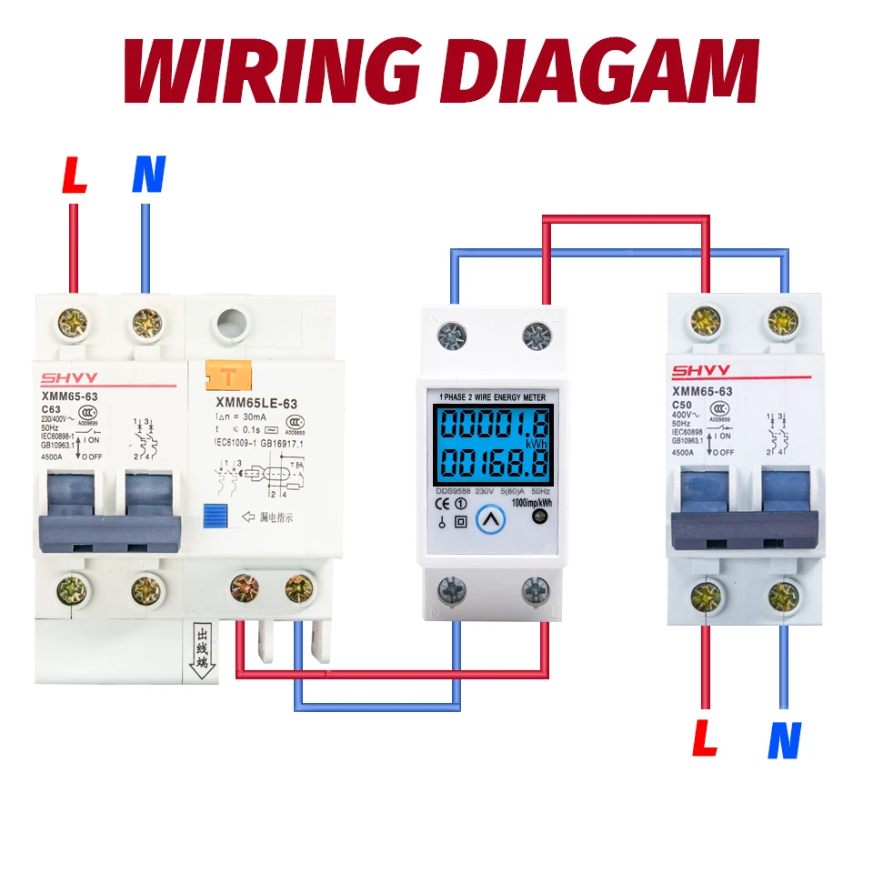 مقياس الطاقة الرقمي AC 230V 5(80)A ، Din Rail KWH ، مقياس الجهد الحالي مع إضاءة خلفية مع وظيفة إعادة الضبط