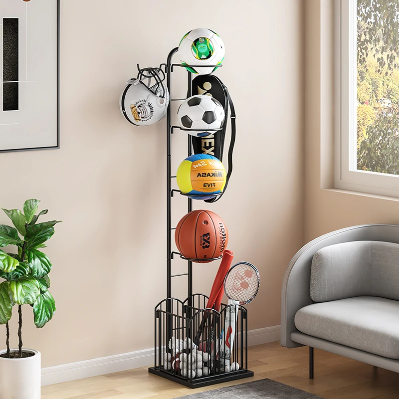 Metal Standing Storage Organizer with Hook Basket for BasketBall Volleyball Football