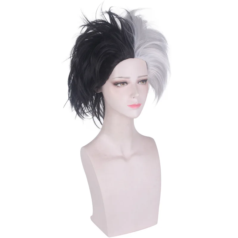Cruella de Vil Wigs Women Black White Mix Fluffy Synthetic Cosplay Wigs Heat Resistant Costume Wigs + Wig cap image 5