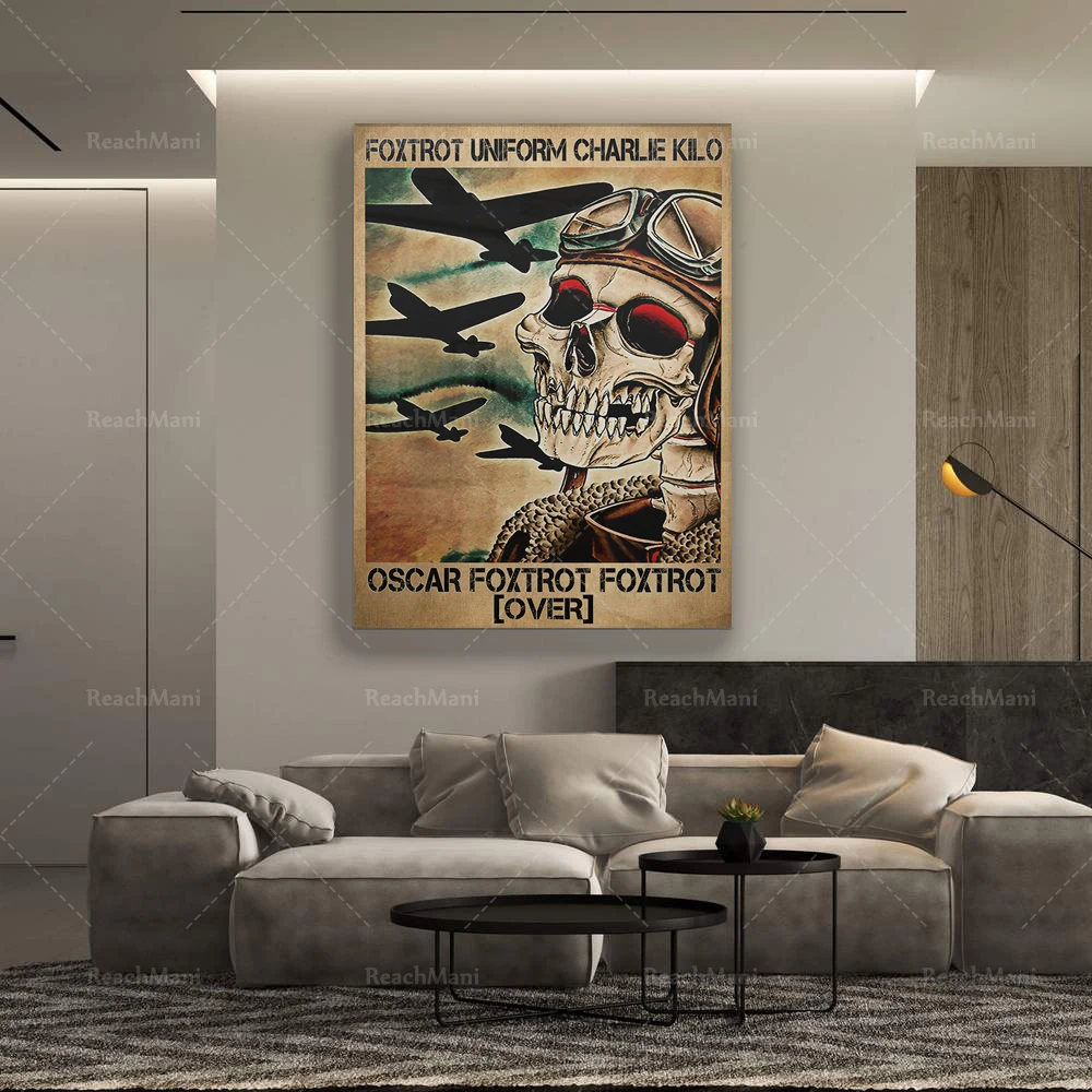 Foxtrot Uniform Charlie Kilo, Foxtrot Over, Funny Pilot Poster, Skeleton Art Print, Military Phonetic Canvas for Home Decor