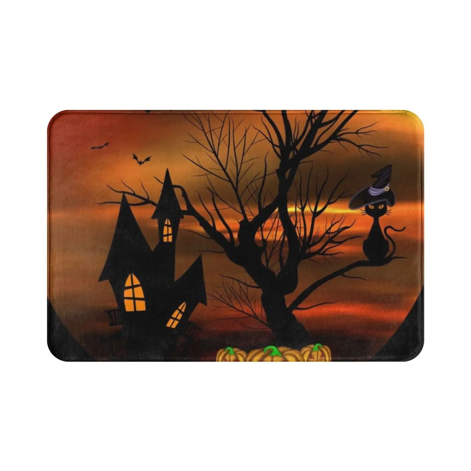 ? Frog Carpet Mat Rug Cushion Soft Halloween Pumpkin With Magic Hat In Front Of A Creepy Red Lit Haunted House With