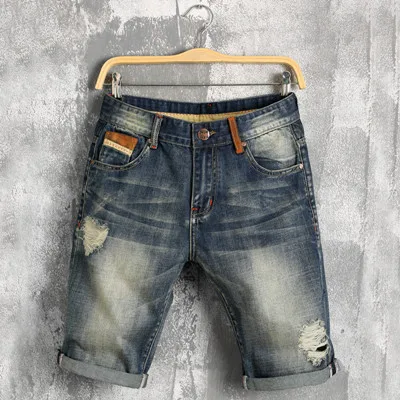 Summer New Men Leather stitching Ripped Straight Jeans Short Fashion Casual Holes Bermuda Retro Cargo Denim jogger shorts