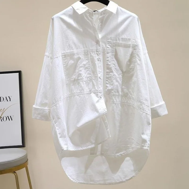 Button Up Shirts Womens 2021 Spring Autumn Long Sleeve Lapel Loose Blouse Bright Line Oversize Tops Office Lady White Clothes