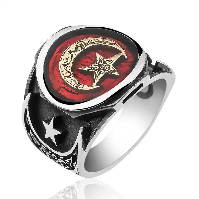 Silver Patterned Moon and Star Men's Ring - 925 Sterling Men's Jewelry Wedding Birthday Gift - Box - Men - Fashion - Botiva - Size - Turkish - Patterned Embroidery