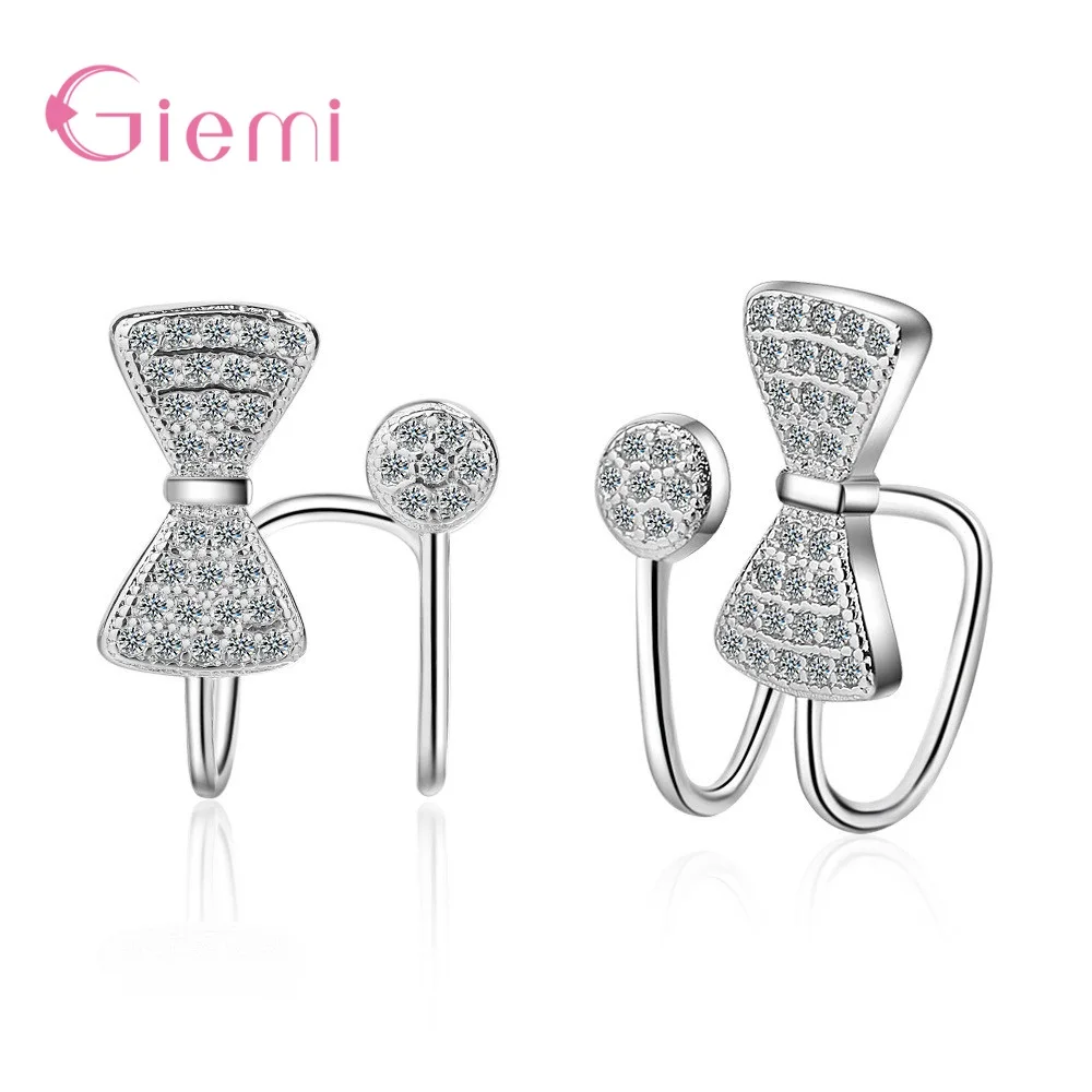 New Women 925 Sterling Silver Clear Zircon Cute Bowknot Clip Earring For Girls Lady Sweet Gift Earring Korea No Ear Hole Jewelry