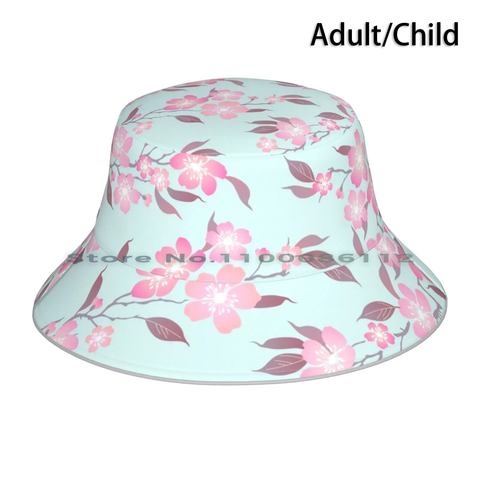 Cherry Blossom Print Bucket Hat Sun Cap Cherry Blossom Pink Light Blue Flowers Branches Duck Egg Blue Foldable Outdoor