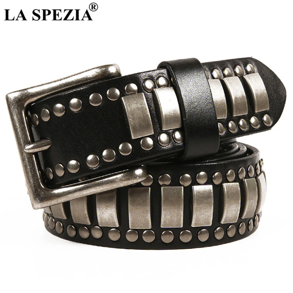 LA SPEZIA Rivet Men Genuine Leather Rock Belt Brown Male Belts High Quality Novelty Motorbike Autumn Punk Clothing Accessories