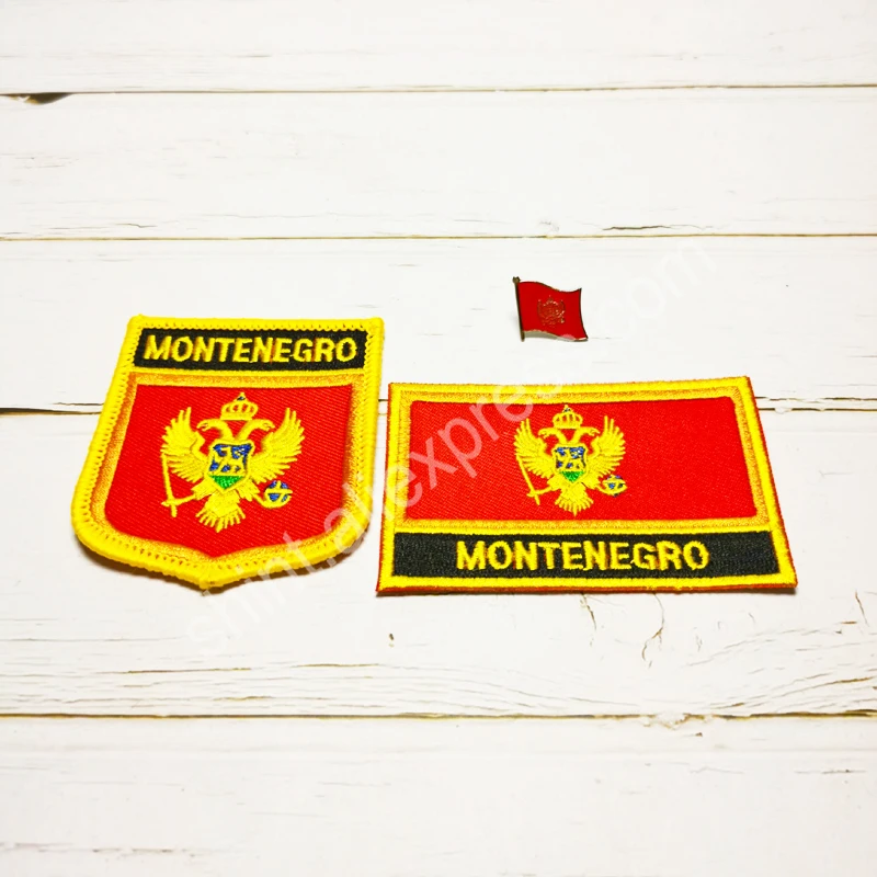 Montenegro National Flag Embroidery Patches Badge Shield And Square Shape Pin One Set On The Cloth Armband   Backpack Decoration