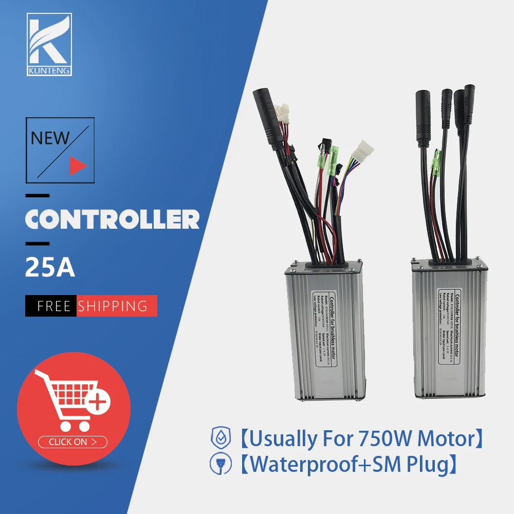 25A/36V/48V 750W 9 Mosfets KT 25A Electric Bike Controller with Light Function, Waterproof Plug for Electric Bicycle Kit