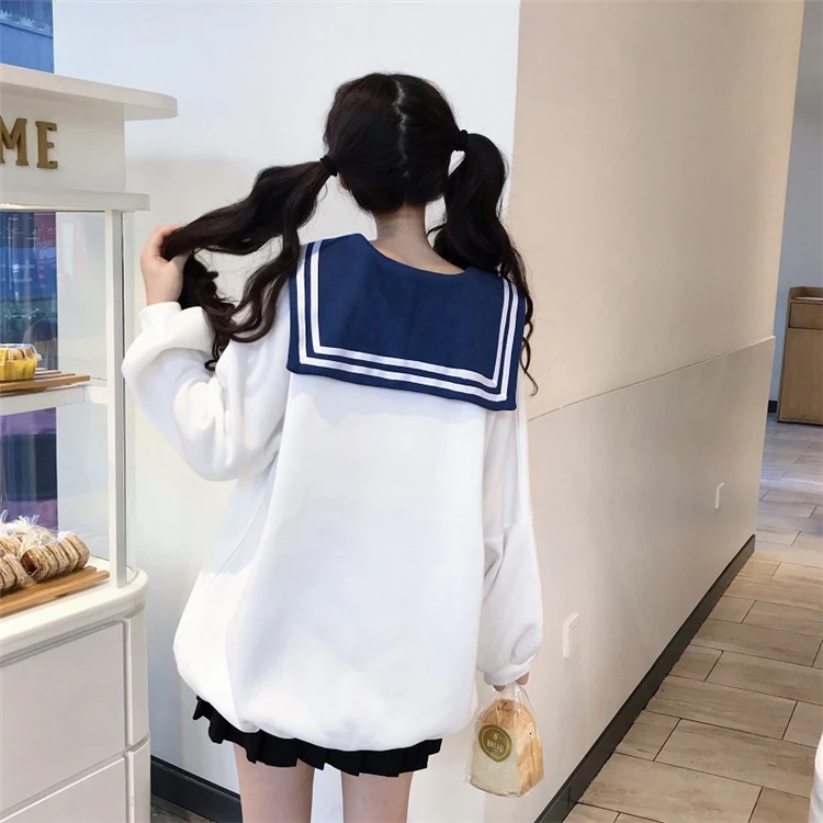 Kawaii Sweet Girls Winter Hoodies Comic Printed Sailor Collar Oversized Sweatshirt Soft Bestie Sisters Cute Maxi Long Loose Tops