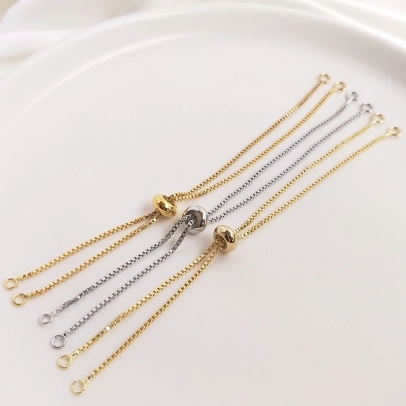 

Real Gold Plated Copper Box Bracelet With Adjustable Silicone Bead Double Hanging Extension chain DIY Jewelry Accessories