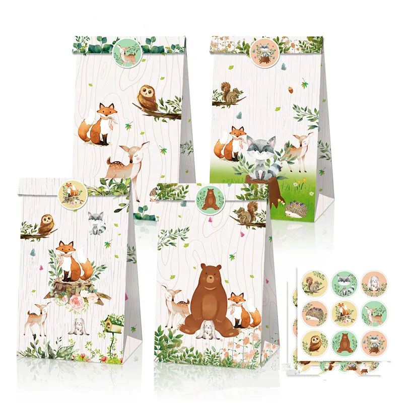 

12pcs Happy Birthday Jungle Party Cartoon Animals Candy Bags Baby Shower Packing Bag Paper Gift Boxes Woodland Theme Party