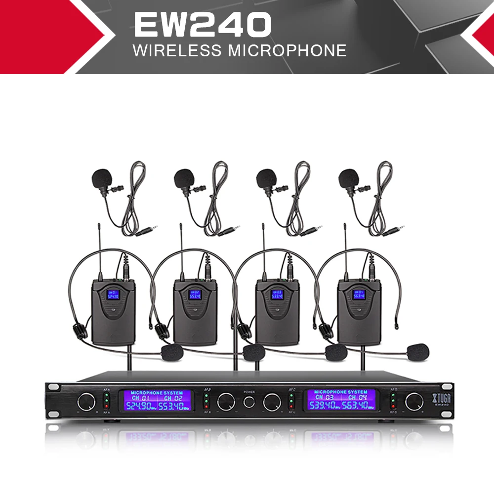 XTUGA EW240 4 Channel Wireless Microphones System UHF Karaoke System Cordless 4 bodypack Mic for Stage Church Use for Party