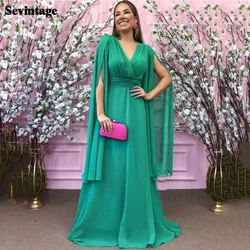 Sevintage Customized Green Chiffon Prom Dresses for Women Long Sleeves Saudi Arabic Evening Gowns Pleated Night Club Outfits