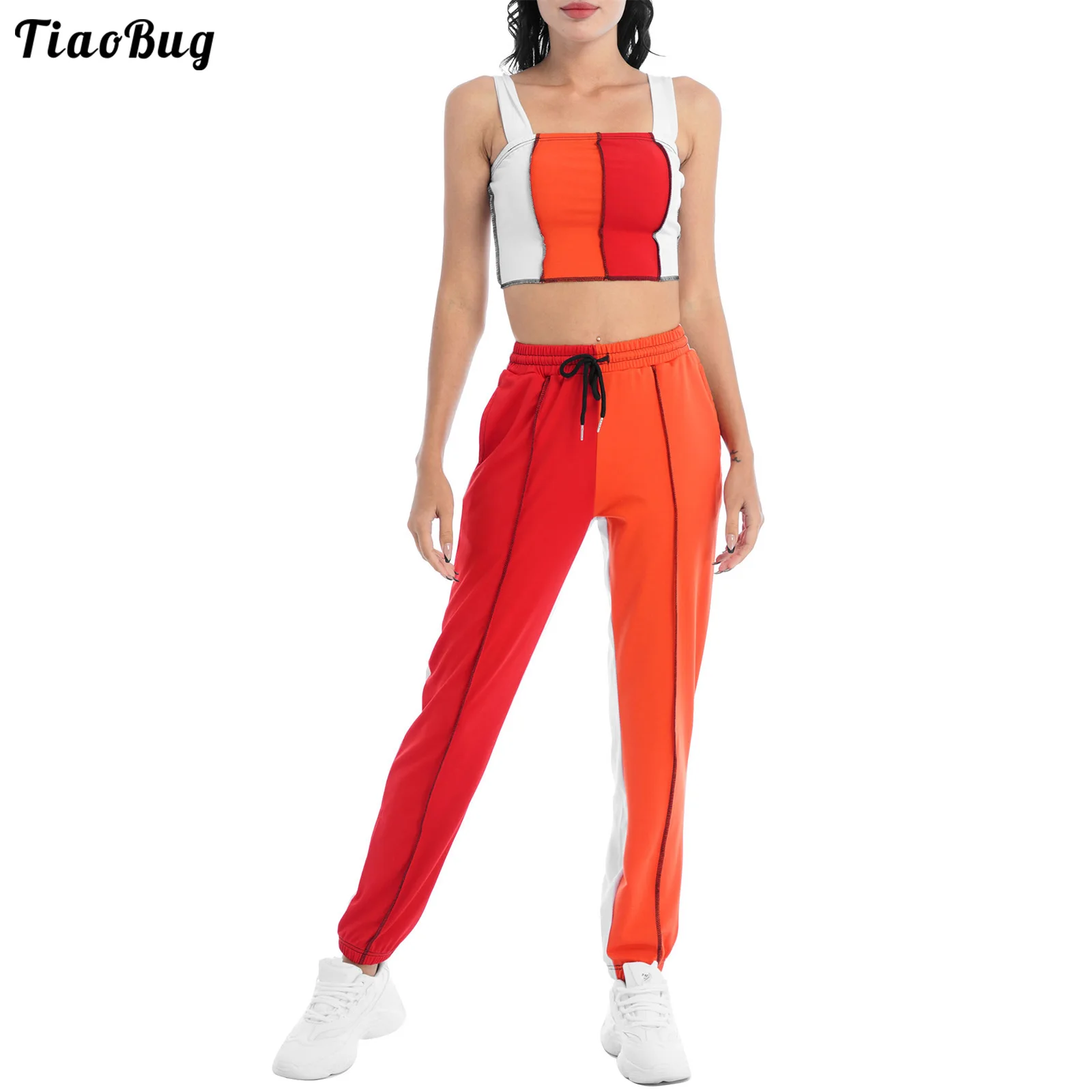 TiaoBug 2Pcs Women Summer Casual Sport Suit Shoulder Straps Sleeveless Cropped Vest And Pants Set For Running Gym Yoga Fitness