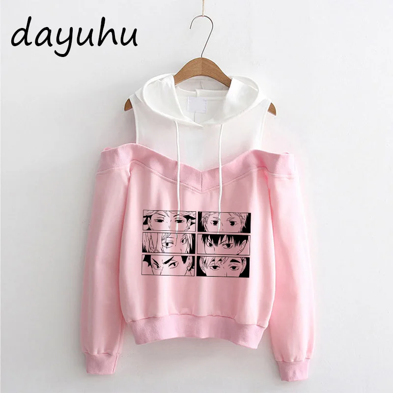 Japanese Anime Haikyuu Hoodies Off Shoulder Funny Karasuno Graphic Streetwear Winter Warm Fashion Manga Sweatshirts Female Y2k