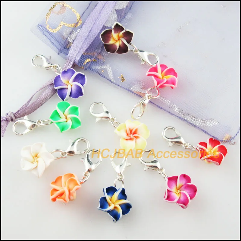 10Pcs Mixed Fimo Polymer Clay Star Flower Charms Silver Plated With Clasps