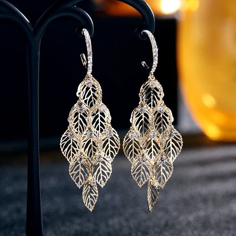 

Fashion Earrings 2020 Drop Earring Gold hollowed Leaf Earrings 925 Sterling Silver female long Tassel Earrings Dangle rhinestone