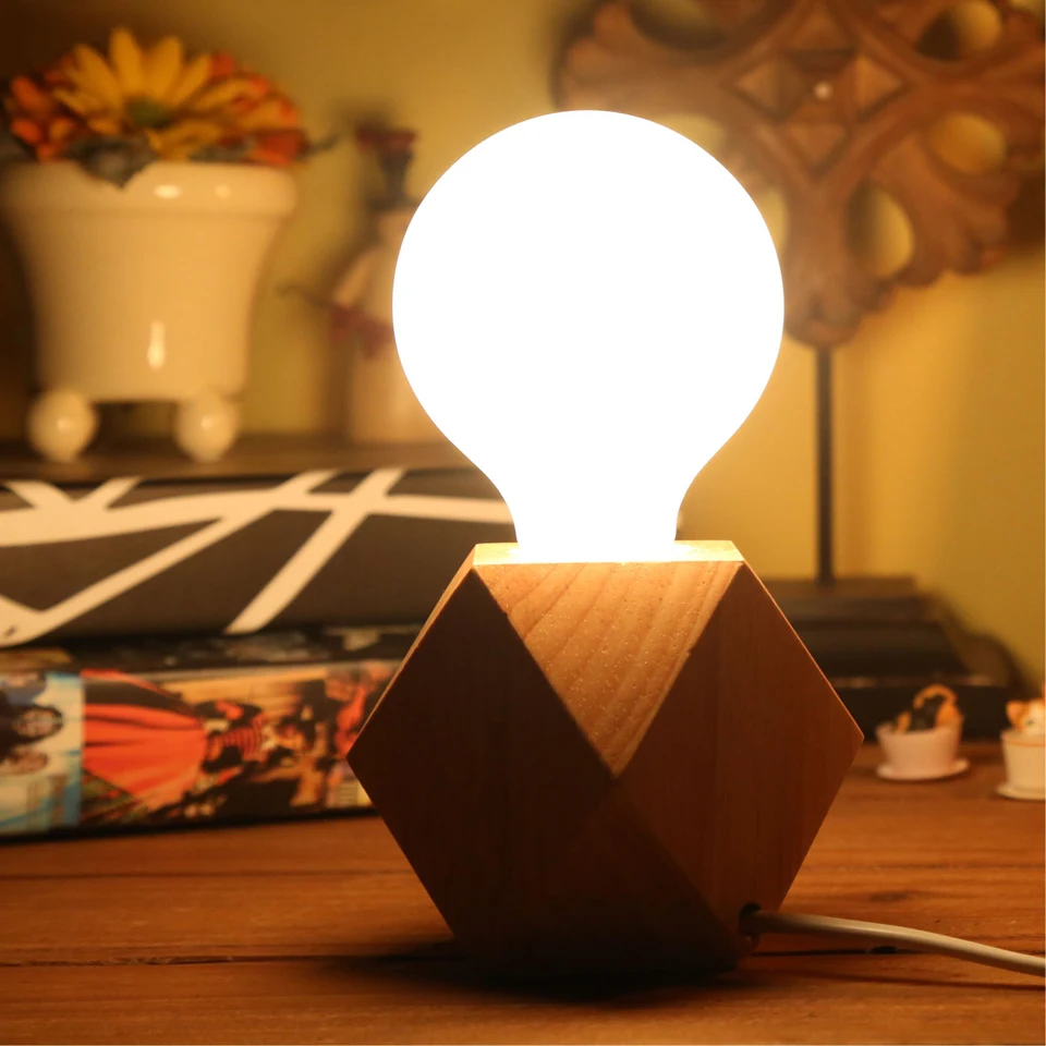 

OuXean E27 Small Table Lamp Night-stand Lamp with Diamond Wooden Base Beside Lamp Modern Design Light Perfect for Living room