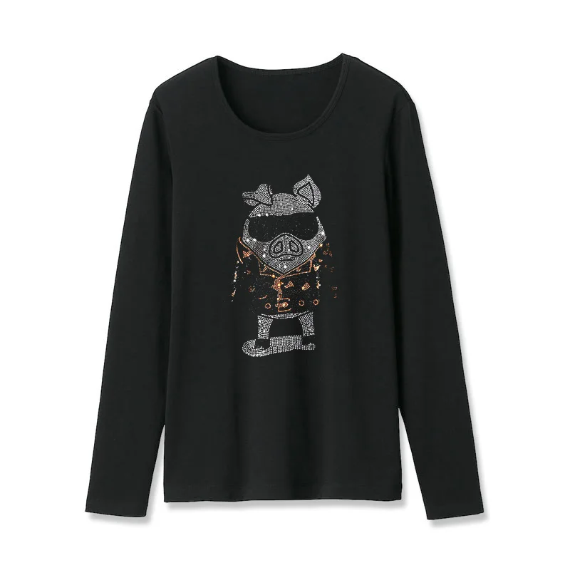 

Spring and Autumn New Fashion Street Style Long sleeve T-shirt women Cartoon pig Pattern Hot diamonds Loose Casual tops female