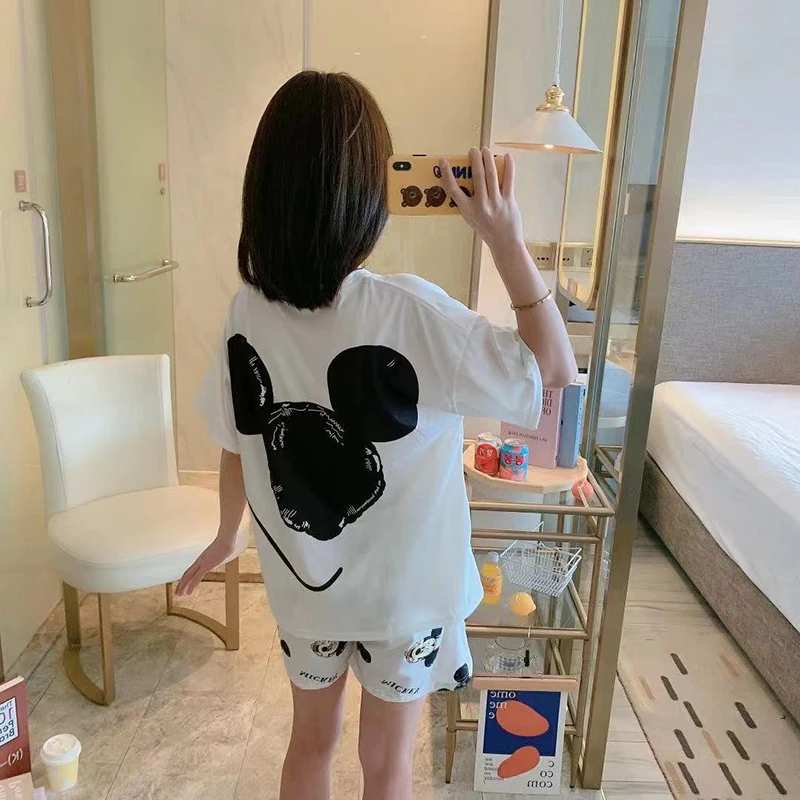 Disney Mickey White Women's Spring Summer Pajamas Set Three-piece Short Sleeve + Shorts + Trousers Soft And Comfortable Homewear