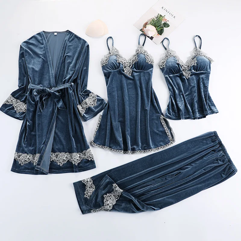 Women Velvet 4 Pieces Pajamas Sets Sling Sexy Lace Velour Sleepwear Winter Autumn Pyjama With Chest Pad Wine Red Robe