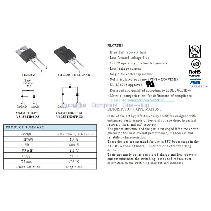 10pcs/lot VS-15ETH06FPPBF 15ETH06FP 15ETH06 TO-220F DIODE GEN PURP 600V 15A