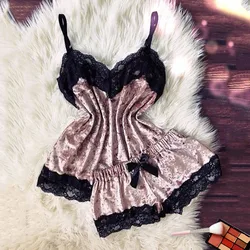 Sexy Lingerie Set Fluwelen Nachtkleding Vrouwen Pyjama Set Sexy Verleiding Babydoll Nachtkleding Leuke Cami Top En Shorts Pijama Mujer