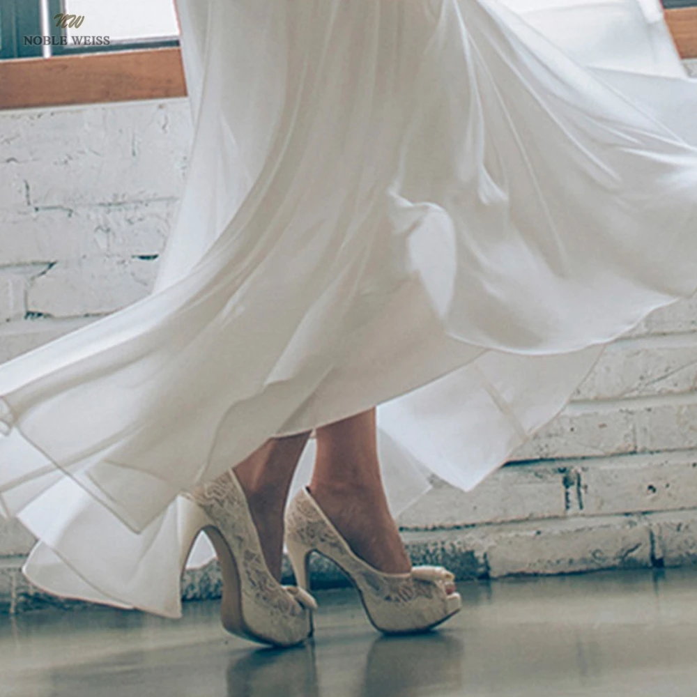 Vestido de novia con cuello en V hasta el suelo, vestidos de novia plisados, línea A, vestido de novia de gasa para mujer