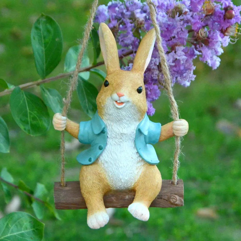 Creative Bunny Dragon Figurines Swing Animal Hanging Ornaments Fairy Garden Micro Landscape Pendant Resin Craft Scene Decoration