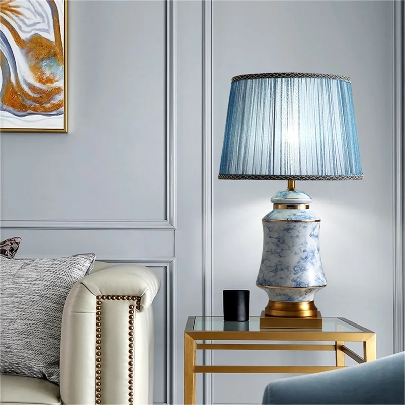 OURFENG Luxury Decorative Table Lamp Blue Ceramic LED 220V 110V Bedside Desk Light For Home Foyer Office Bed Room