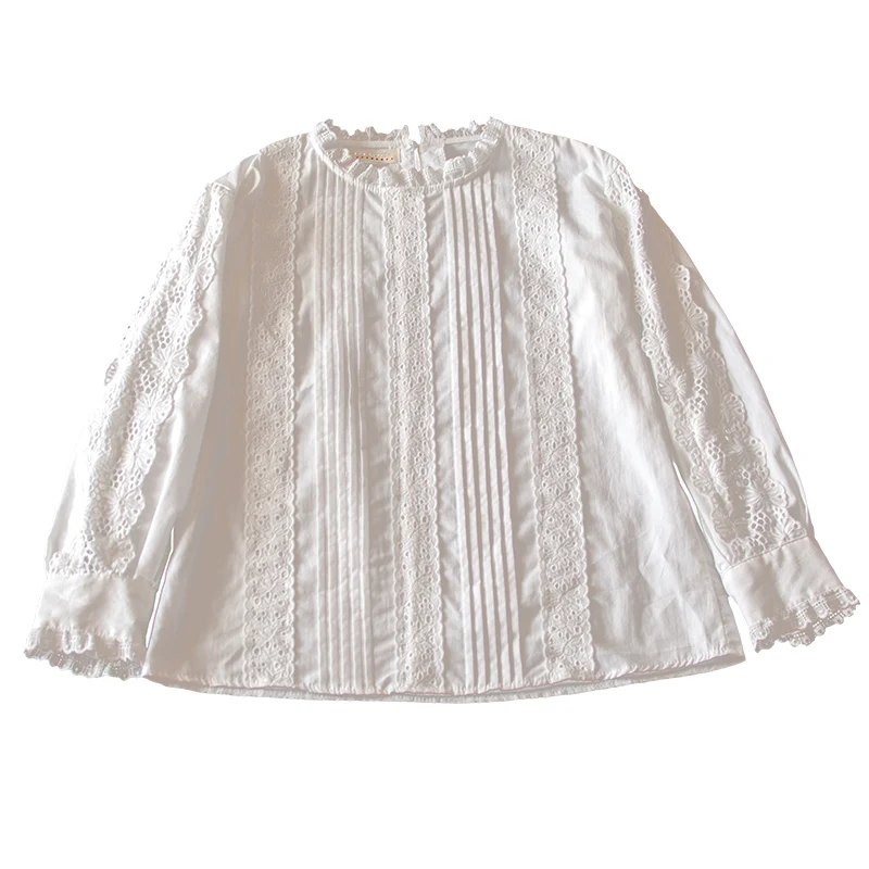 Free Shipping 2021 Spring Autumn New Fashion 100% Cotton Lace Tops For Women Long Sleeve Loose Loose Tees White