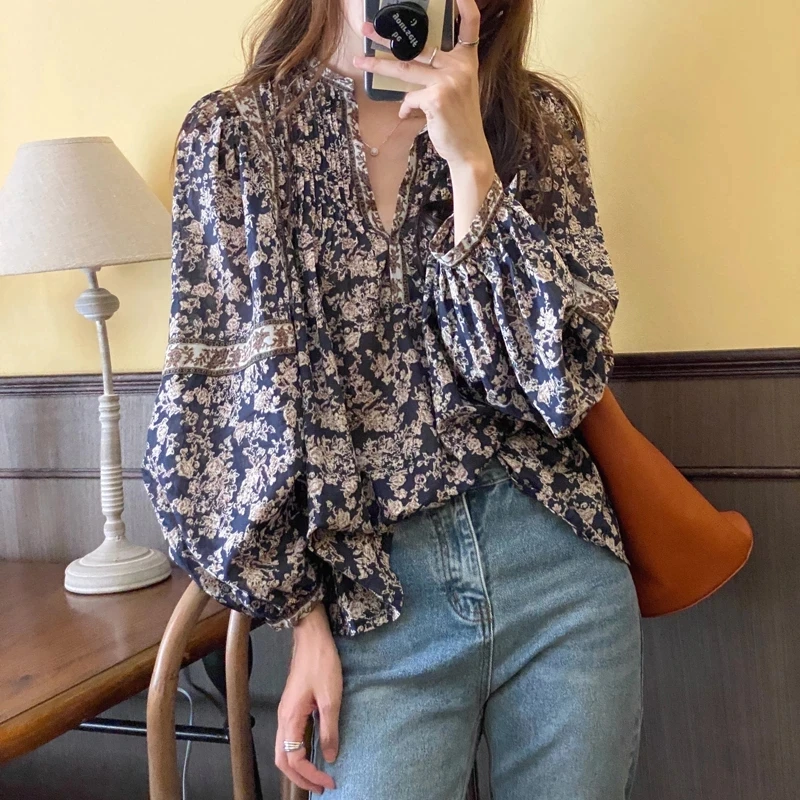 Women Floral Vintage Lantern Sleeve Shirts Female Elegant Casual All Match Female Office Lady Blouses Tops