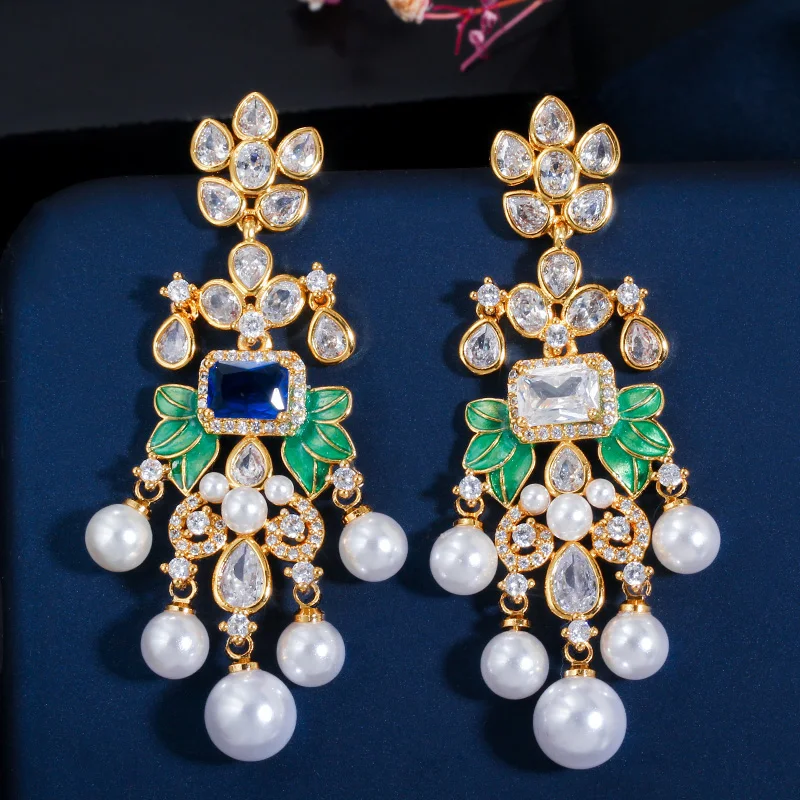 CWWZircons Blumen Zirkon Lange Hängeohrringe mit Perlen für Frauen Afrikanische Brautohrringe aretes de mujer modernos Großhandel E0375 – Detail 6