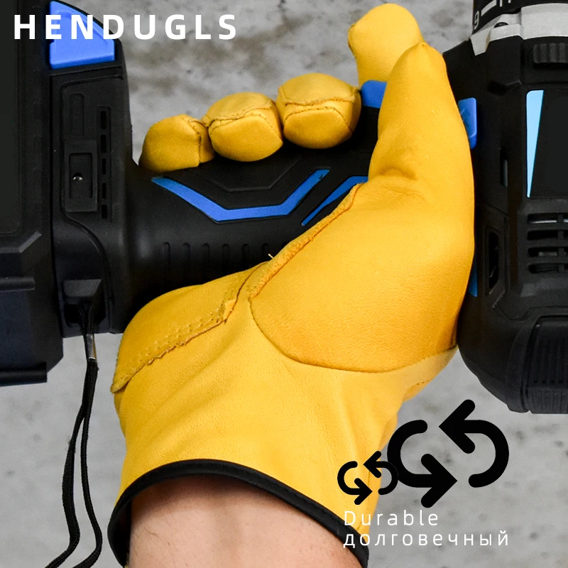 HENDUGLS Cowhide Work Gloves Yellow Men Hand Soft Construction Site Safety Leather Working Gloves Suit 5pcs Free Shipping 527NP