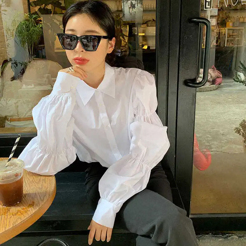 Shirts Women Puff Sleeve Folds Design Korean Style Solid Simple Leisure Harajuku Loose Fashion Turn-down Collar Vintage Elastic