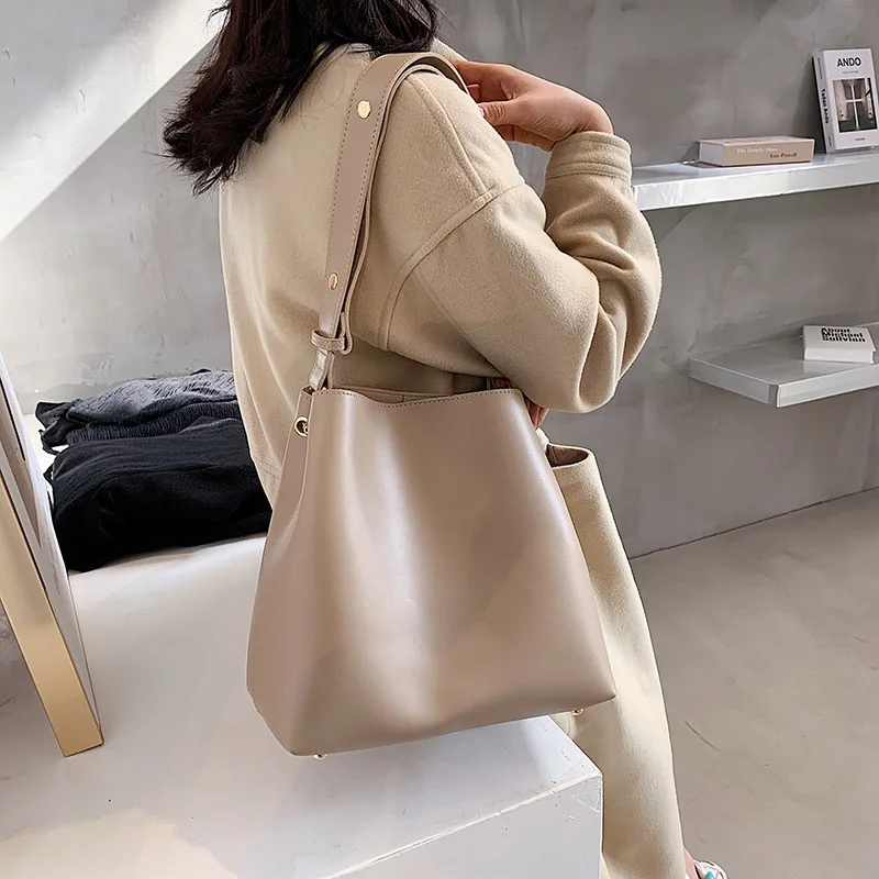 Casual Simple Commuting Soft PU Leather Bucket Bags Women Korean Style Fashion Large-Capacity Vintage All-Match Composite Bag