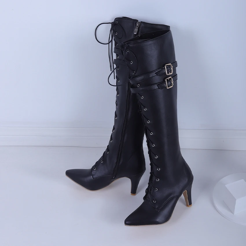 Oversized Pointed Toe Cross Lace-Up Boots Sexy Cat Heel Double Belt Buckle Motorcycle Boots Street Trend Female Knee-Length Boot