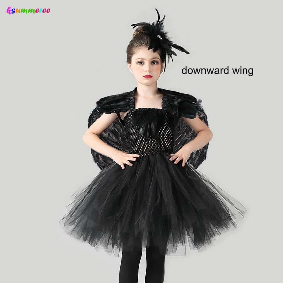 Children Black Swan Lake Ballerina Costume Kids Girls Gothic Witch Swan Halloween Tutu Dress Evil Queen Tutu Feather Dress