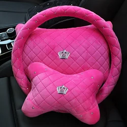 Women Pink Plush Car Neck Pillow Crystal Crown Auto Interior Headrest Seat Support Bone-Shaped Waist Pillows Car Accessories